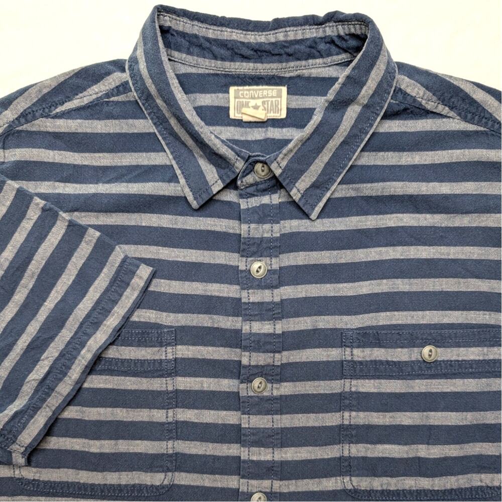 Converse One Star Vintage Mens Short‎ Sleeve Button Down Shirt L Blue Stripe Y2K
